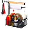 VIKEYHOME Grill Caddy, Picnic BBQ Organizer for Camping Outdoor Mesh Basket with 3 Hanging Hooks and Paper Towel Holder, Ideal Table Storage Tools for RV Camper/Tailgating/Flatware