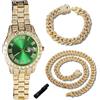 Genkigold Orologio con Diamanti per Ragazzi - Quadrante Rotondo 42mm con Numeri Romani in Verde -Placcato in Oro 18K Cinturino 20cm -Include Strumento di Regolazione,Abbinato a Catene Cubane 18cm+40cm