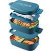 Beeptrum Bento Lunch Box Impilabile,Contenitori da 1400 ml con 4 scomparti e posate, scatole a 2 strati a prova di perdite, per adulti, bambini, ufficio, lavabili in lavastoviglie e microonde (Blu Puro)