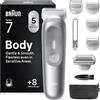 Braun Rasoio Elettrico Corpo Uomo Series 7, +8 Strumenti Cura Corpo, Luce Smartlight & SkinGuard, 100 Min Utilizzo, Testine SmoothShave & SensitiveTrim, Impermeabile, Rasoio Intimo Uomo, Grigio