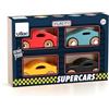 VILAC - Set di 4 auto e garage in legno, 4 Super Cars + 1 scatola portaoggetti in legno, dai 3 anni, 2369