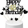 Conruich Decorazione per Torta di Compleanno 48 anni Uomo Donna, Cake Topper Happy 48th Birthday Oro Nero, Torta Torta Stella Cuore Nero per Decorazione Festa 48 anni Compleanno Donna Uomo