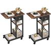 YITAHOME 2PCS Tavolino a Forma di C, Tavolino Laterale da Divano in Metallo con Cassetto e Ruote per Salotto e Camera, 50x30x67cm, Marrone Rustico