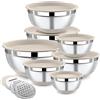 BEWOS Ciotola di Miscelazione con Coperchio da 7 Pezzi, Base Antiscivolo, Ciotole di Miscelazione in Acciaio Inox con Grattugia, Dimensioni 0.5, 1, 1.4, 1.85, 2.35, 3.2, 4 L per Miscelare e Servire