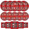 HNH Set di Piatti e Tovaglioli di carta per Natale | Rosso scozzese | Piatti da dessert 18cm, Piatti di carta 23cm con 33cm Tovaglioli di carta per feste Set di stoviglie usa e getta 16 persone