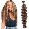 Zeslaerr Unprocessed Deep Wave Capelli umani Extensions Double Weft P427 Highlight Brown Human Hair Bundles Soft and Silky Remy Hair Extension Minimal Tangle For Women 34 Inch