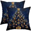 Generic Federa decorativa per cuscino con albero di Natale, blu e oro, per vacanze invernali, per casa, divano, camera da letto, soggiorno, 50 x 50 cm