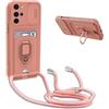 BGHHEU Cover con Cordino per Motorola Moto G22,Custodia con Collana Collo Silicone Antiurto Case,Protezione Fotocamera Slot Carte 360° Anello Supporto,Silicone Case,Pink