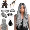 KIKVTER Parrucca Halloween Donna 70 cm, Lunga Grigia Con Maschera e Guanti in Pizzo - Ottima per Carnevale