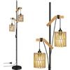 BBHome Lampada da terra Boho per soggiorno, 2 luci, in legno e metallo, stile boho, con paralume in rattan, lampada da terra industriale per camera da letto, cameretta dei bambini, ufficio, senza