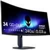 Alienware 34 Monitor Gaming - AW3425DW, WQHD (3440x1440), 21:9 1800R Curvo, 240Hz, QD OLED, 0.03ms, NVIDIA G-SYNC Compatible, AMD FreeSync Premium Pro, HDR True Black 400, USB-C, 3 Anni di Garanzia