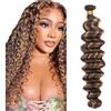 Zeslaerr Unprocessed Deep Wave Capelli umani Extensions Double Weft P427 Highlight Brown Human Hair Bundles Soft and Silky Remy Hair Extension Minimal Tangle For Women 30 Inch