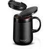 Heemburg Tazza da caffè termica con manico, a doppia parete, in acciaio inox 18/8, con 2 coperchi, fondo antiscivolo, ideale per ufficio o posto di lavoro, 440 ml