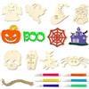 Ourdort 24 pezzi per Halloween fai da te per bambini, 12 stili di Halloween, in legno, con 24 corde e 6 matite colorate, ciondoli in legno, per Halloween, fai da te, autunno, decorazione per feste per