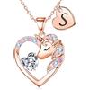 TINGN Unicorno regalo per ragazze - Collana con unicorno per ragazze placcato oro 14 carati, collana a forma di unicorno, collana con ciondolo a forma di cuore, collana con lettere, collana per