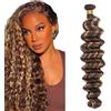Zeslaerr Unprocessed Deep Wave Capelli umani Extensions Double Weft P427 Highlight Brown Human Hair Bundles Soft and Silky Remy Hair Extension Minimal Tangle For Women 14 Inch