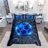 Loussiesd Set copripiumino da calcio per letto singolo per bambini, ragazzi e adolescenti, stampa geometrica con esagoni a nido d'ape, con 1 federa, motivo neon blu
