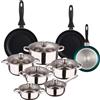 WELL HOME MOBILIARIO & DECORACIÓN Well Home Set di utensili da cucina da 12 pezzi in acciaio inox + 3 padelle Ø16Ø20Ø24 cm blu metallizzato in alluminio pressato