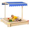 Sabbiera per Bambini in Legno con Panca e Tettuccio Parasole Regolabile, 120x120x120cm, Colore Legno e Blu