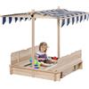 Sabbiera per Bambini in Legno con Tettuccio Parasole, Panca e Coperchio, 106x106x115 cm Bianco e Blu