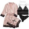 4 pezzi Pigiama da notte da donna Ser con vestaglia Lingerie sexy in pizzo Accappatoio in raso di seta Abito da notte per la casa
