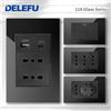 DELEFU Presa a Muro in Vetro Temperato Nero con USB Type-C per Ricarica Rapida, Interruttore Schuko, TV Sat, Telefono, Campanello, Italia/Cile