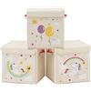 SONGMICS Set di 3 Scatole Portaoggetti per Bambini, Contenitore Porta Giochi per Bambini, 30 x 30 x 30 cm, Cesta Portagiochi Pieghevole con Coperchio, Cameretta, Disegno Unicorno, Beige RFB710W03