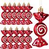 Threan 12 Ornamenti Natalizi di Caramelle e Bastoncini Zucchero Glitterati da Appendere per Albero Natale con Corde Dorate per Decori(Rosso,Plastica)