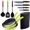 San Ignacio Set 3 padelle (20+24+28cm) in alluminio pressato verde con Set 3 utensili da cucina in nylon con Set 4 coltelli in acciaio inox con Tacoma / ceppo