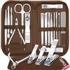 BLESWIN Set Manicure Set Tagliaunghie, 16 Pezzi Kit Pedicure Manicure Professionale Donne Uomini Kit Cura Unghie Personale con Valigetta da Viaggio Marrone