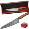 MEG Coltello da Chef Giapponese Gyuto - Lama Damasco 73 strati, affilatura a V professionale 9-12°, manico ergonomico in legno d'olivo e scatola d'acacia - Coltello da Cucina Premium