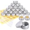 Redamancy 24 Pezzi Argento Lattina Alluminio, Barattoli Metallo, Contenitori Cosmetici con copri di Vite e etichette e Mini Spatola, per Candele Cosmetico Caramella Gadget Balsamo Labbra(5 ml)