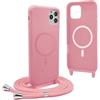YFSYLL Magnetica Cover per iPhone 11 Pro Max con Cordino,Compatibile con MagSafe,Silicone Case con Regolabile Cordino da Collo Nylon Catena Collana Tracolla - Pink