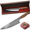 MEG Coltello da Chef Giapponese Gyuto - Damasco Costruzione San Mai 3 strati, affilatura a V professionale 12-15°, manico ergonomico in legno d'olivo e scatola d'acacia - Coltello da Cucina Premium