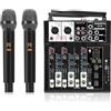 SOWOITIG Karaoke mixer con 2 microfoni wireless, audio a 4 canali, console DJ, microfono senza fili, Bluetooth, porta USB, alimentazione phantom 48 V per registrazione studio