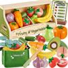 BUYGER Cibo da Tagliare Frutta e Verdura Giocattolo, Accessori Cucina Bambini con Bancarella, Monete Finti, Borsa a Mano, Educativo Giochi di Ruolo, Regalo di Natale per Bimbo 18 + Mesi 3 + Anni