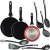 WELL HOME MOBILIARIO & DECORACIÓN Well Home Set di 3 padelle Ø16Ø20Ø24cm in alluminio stampato rame metallizzato + 6 utensili da cucina in PBT colore nero