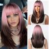 testar Parrucca Rosa da 20 Pollici per Donna Parrucca Ombre Marrone Rosa con Frangetta Parrucca Diritta a Strati Lunghi Parrucca Resistente al Calore per Cosplay Uso Quotidiano