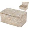 Yudobliss Cesto Portaoggetti in Rattan Intrecciato, Cestino Portaoggetti Rettangolare Intrecciato Fatto a Mano con Coperchio, Organizer per Trucchi Multifunzionale, per Cosmetici e Abbigliamento (M, Bianco)