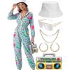 WILDPARTY Tuta da donna anni '80 anni '90, tuta con cappuccio, tuta da jogging con ghettoblaster gonfiabile, cappello, collana, orecchini, carnevale, feste a tema