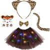 AOOWU Luminoso Costume Animale Bambina, Kit di 5 Pezzi Costume Animale Tutu LED Gonna con Cerchietti Orecchie Leopardo Coda Papillon Adesivi per Halloween, Carnevale Cosplay Party
