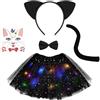 AOOWU Luminoso Costume Animale Bambina, 5 Pezzi Costume Gatto Bambina, Animale Tutu LED Gonna con Cerchietti Orecchie Gatto Coda Papillon Adesivi per Carnevale Halloween Cosplay Festa Regalo