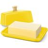 Flexzion Porta-burro europeo in ceramica Giallo con coperchio per piano di lavoro (20,3 cm) - Ampio porta-burro doppio per 2 panetti, contenitore per formaggio cremoso e conservazione