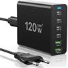 sccvee Caricatore USB C da 120 W, caricatore USB multiplo 【4USB-C + 2USB-A】 Caricatore PD, ricarica a 6 porte Compatibile con iPhone/Samsung/Google/Xiaomi/laptop/tablet e altri dispositivi USB