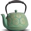 MILVBUSISS Teiera in ghisa, grande capacità da 1200 ml con infusore per cucina, design giapponese sakura per tè in foglie con interno smaltato, manico in silicone 1200 ml Verde