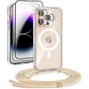 DiDaDi Custodia magnetica Cover per iPhone 16 Pro Max con cordino [compatibile con MagSafe] 2 pellicole protettive, 1 protezione per fotocamera in vetro, Collana con cordino regolabile (oro)