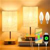 Totofac Set di 2 lampade da tavolo tattili, lampade da comodino dimmerabili con controllo tattile e porte di ricarica USB-C e USB-A, piccola lampada con base in legno beige e paralume in tessuto lino