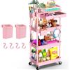 Yeabett Carrello da portata a 4 ripiani, con ruote, carrello portaoggetti con cassetto, per cucina, bagno, ufficio, soggiorno, colore: rosa