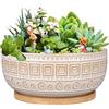 G EPGardening Vasi in ceramica per piante grasse da 20 cm per piante da interno, vasi rotondi per bonsai poco profondi con drenaggio e sottovaso in bambù, bianco