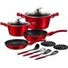 Avilia Batteria 12 Pentole e Padelle Antiaderenti 24-28cm in Alluminio Rosso e Coperchi in Vetro Temperato e 4 Utensili da Cucina - Ideale per Piano Cottura Gas, Induzione, Elettrici e Vetroceramica